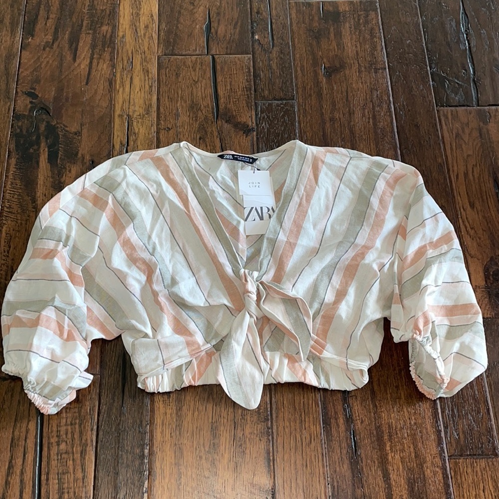 NWT Zara Striped Blush and Taupe Tie Crop Top